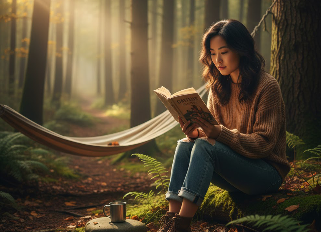 Person reading a physical book in a serene forest setting