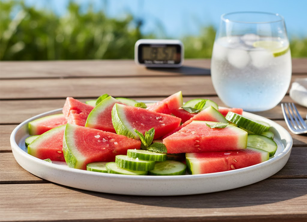 A vibrant platter of sliced watermelon and cucumber