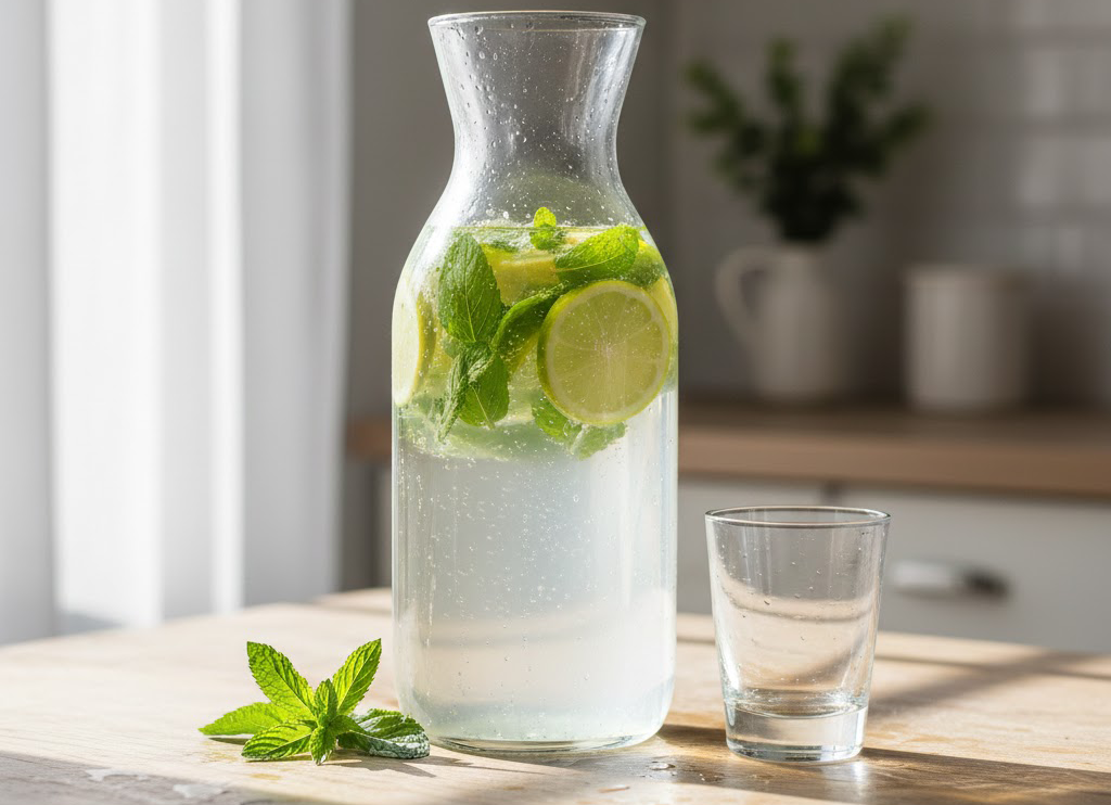 A glass bottle with water, lemon slices, and fresh mint