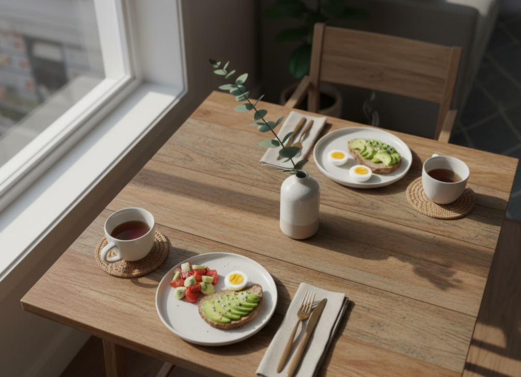 A peaceful dining setting without phones or screens