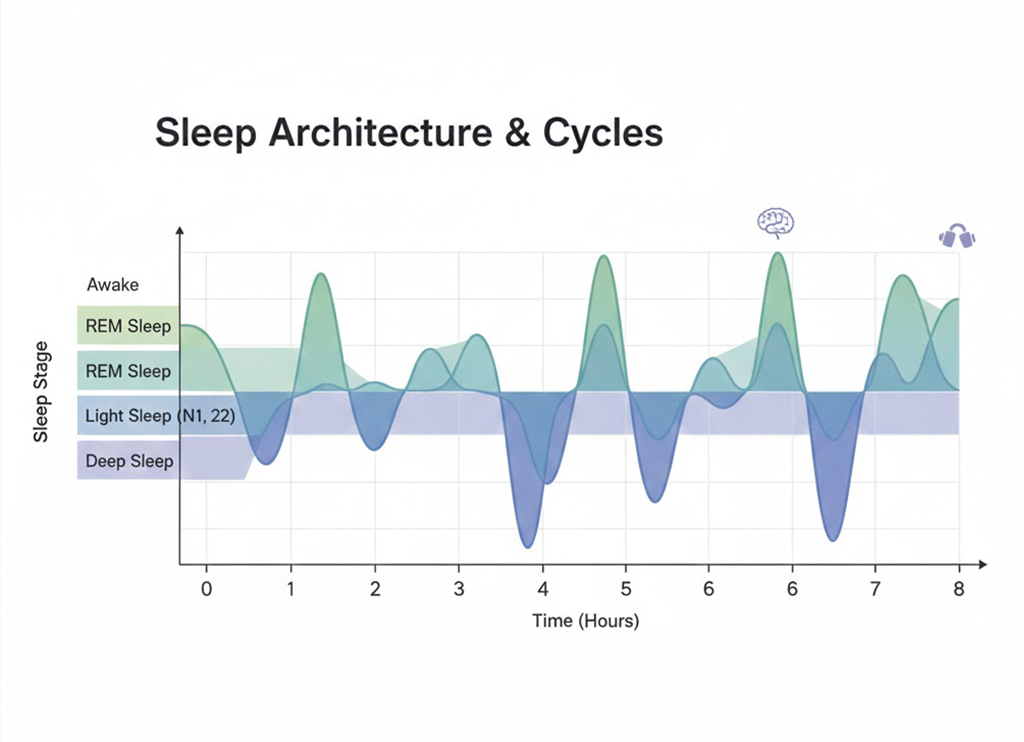 A clean graphic showing the cycles of deep and REM sleep