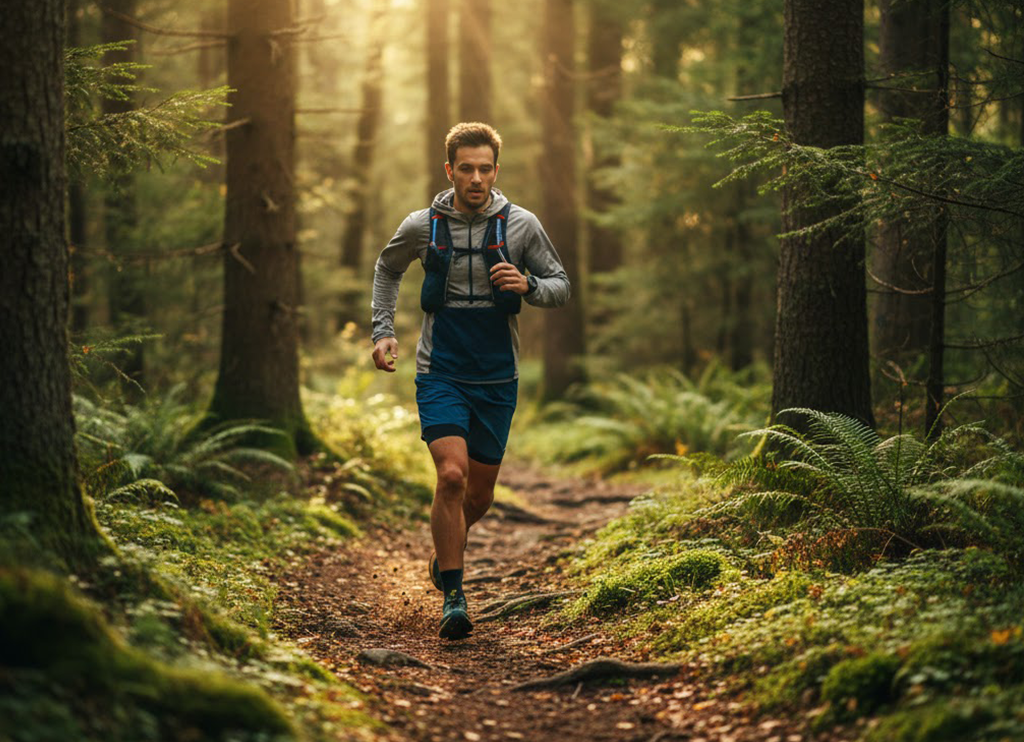 A runner navigating a scenic forest trail